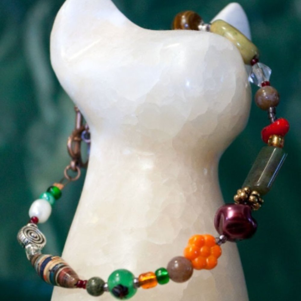 Pearl, Coral, and Tiger's Eye Heart Bracelet (L)